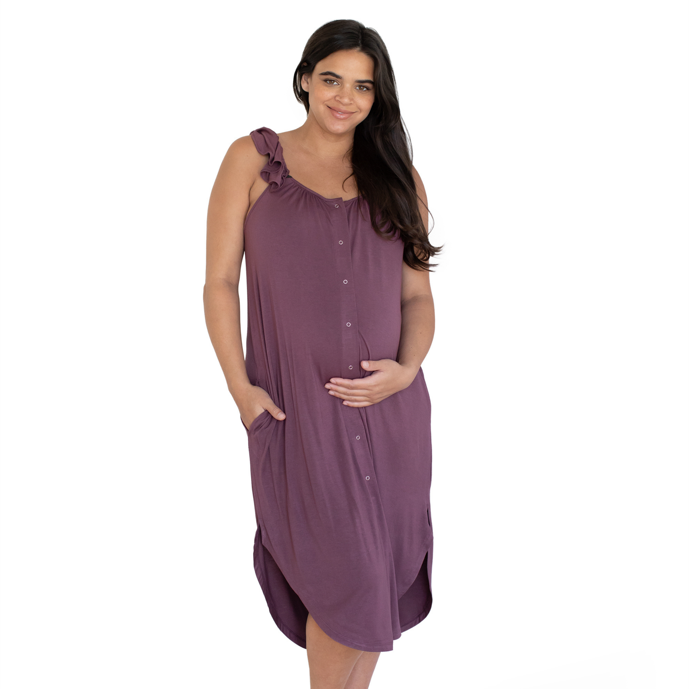 Ruffle Strap Labor & Delivery Gown - Plum
