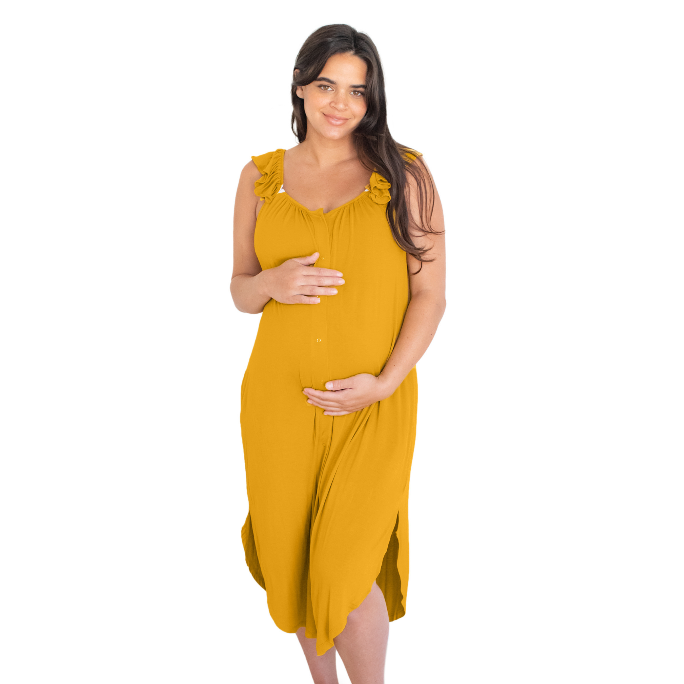 Ruffle Strap Labor & Delivery Gown - Mustard